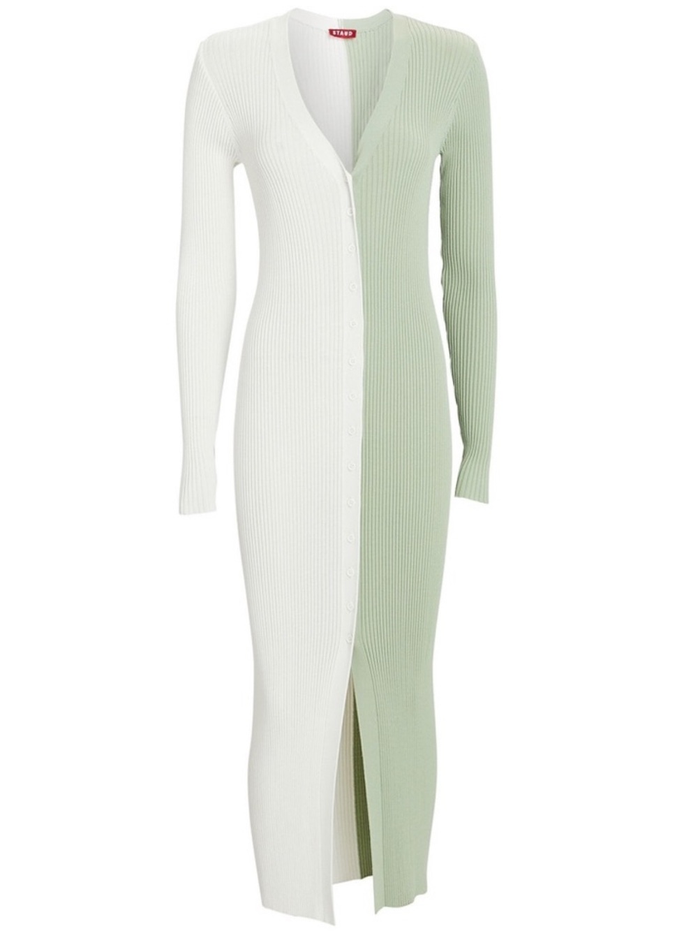 STAUD Shoko Sweater Midi Dress- Colorblock Sage & White Split Cardigan Dress